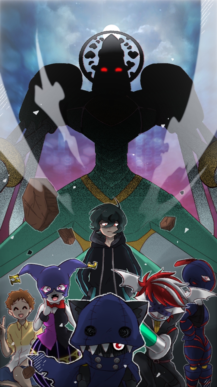 1girl 6+boys appmon biomon dezipmon digimon digimon_universe:_appli_monsters docmon hackmon_(appmon) highres katsura_hajime katsura_rei looking_at_viewer mask multiple_boys red_eyes shaded_face sharp_teeth teeth v vegasmon wings