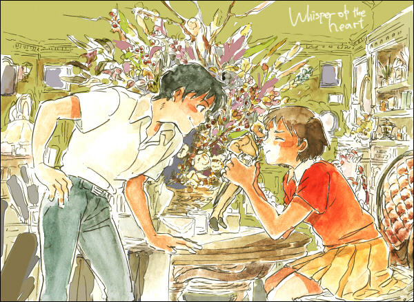 1990s_(style) 1boy 1girl amasawa_seiji black_hair bouquet copyright_name denim doll flower jeans masso mimi_wo_sumaseba painting_(medium) pants retro_artstyle shirt short_hair skirt studio_ghibli the_baron_(mimi_wo_sumaseba) traditional_media tsukishima_shizuku watercolor_(medium)
