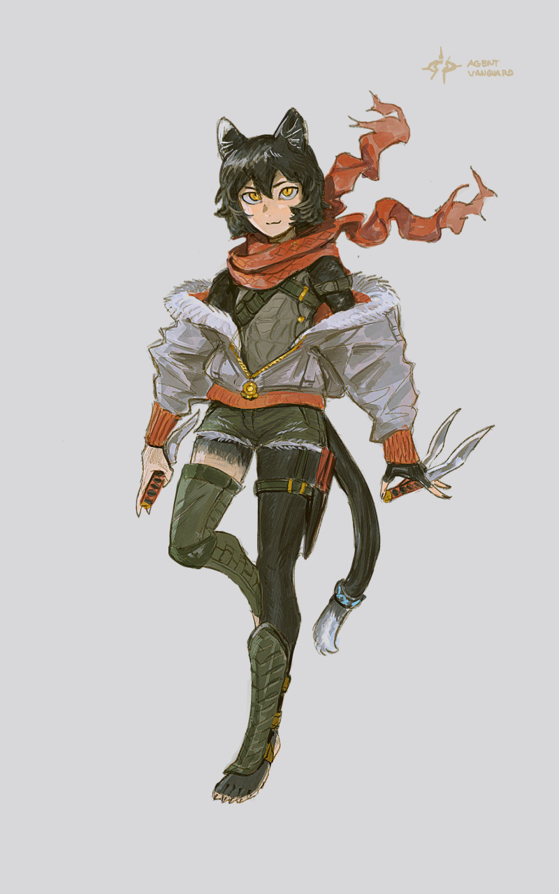 1girl :3 adapted_costume animal_ears arknights black_hair cat_ears cat_girl cat_tail commentary dungeon_meshi english_commentary english_text full_body go-lurk grey_background highres infection_monitor_(arknights) izutsumi jacket long_sleeves looking_at_viewer off_shoulder red_scarf scarf short_hair simple_background slit_pupils smile solo standing standing_on_one_leg tail tail_ornament tail_ring white_jacket yellow_eyes