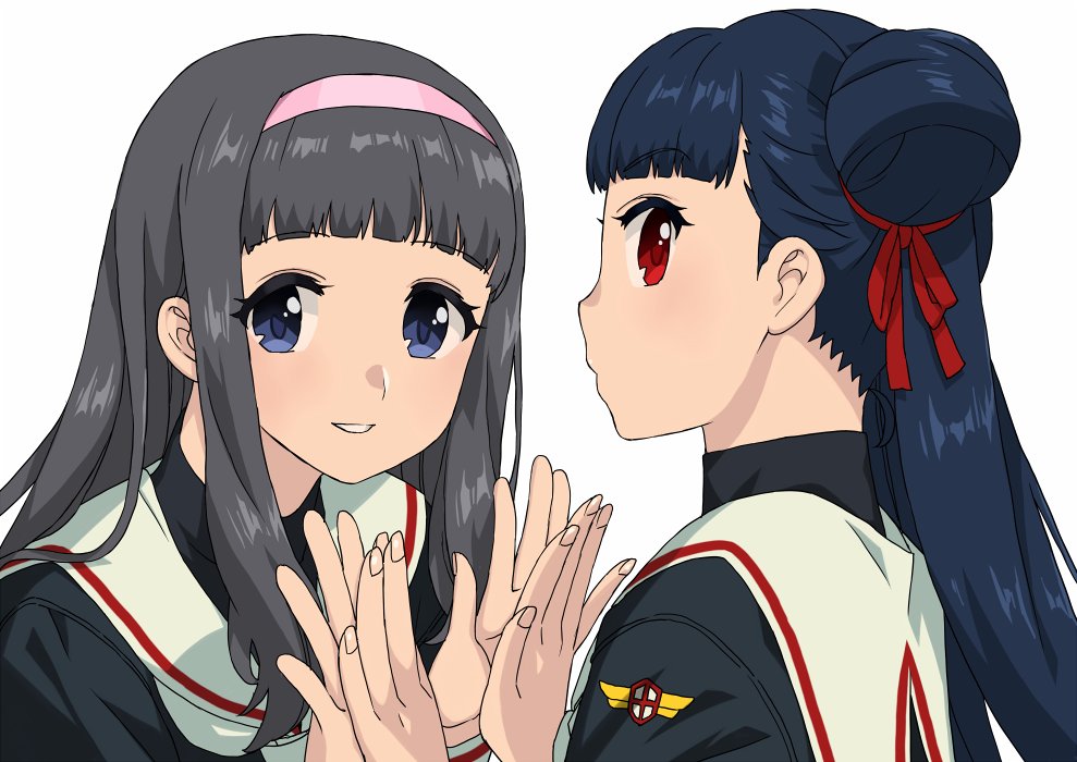 2girls black_hair blue_eyes cardcaptor_sakura commentary_request daidouji_tomoyo double_bun grey_hair hair_bun hairband li_meiling long_hair looking_at_viewer multiple_girls palms_together profile red_eyes school_uniform simple_background smile tomoeda_elementary_school_uniform upper_body wakaho_riku white_background yuri