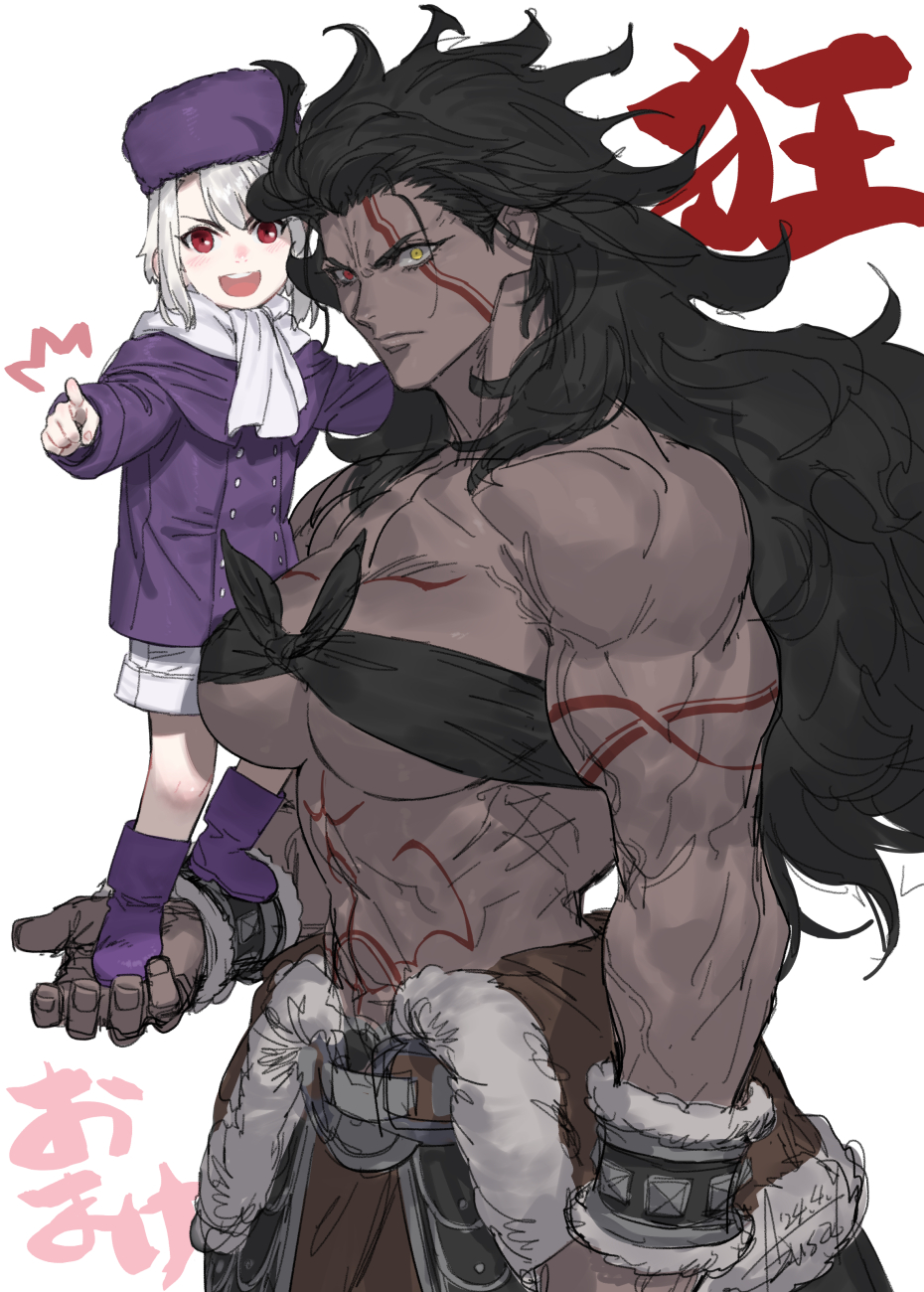 1boy 1girl arm_at_side azusa_(hws) bandeau bare_shoulders belt black_bandeau black_hair body_markings boots breasts closed_mouth coat commentary dark-skinned_female dark_skin dated fate/grand_order fate/stay_night fate_(series) front-tie_top fur_hat fur_trim genderswap genderswap_(ftm) genderswap_(mtf) hair_slicked_back hat heracles_(fate) heterochromia highres illyasviel_von_einzbern large_breasts long_hair long_sleeves looking_at_viewer muscular muscular_female nostrils notice_lines open_mouth pointing pointing_at_viewer purple_coat purple_footwear purple_hat red_eyes scarf short_hair shorts signature simple_background size_difference sketch standing standing_on_another&#039;s_hand teeth upper_teeth_only white_background white_hair white_scarf white_shorts wrist_cuffs yellow_eyes