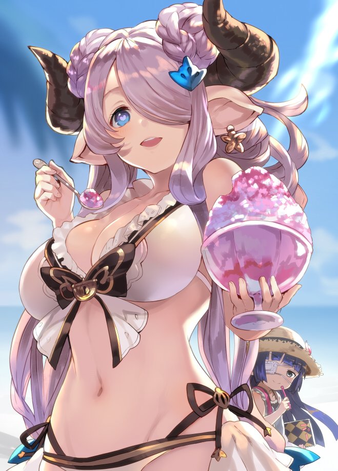 10s 2girls bare_shoulders bikini blue_eyes blue_hair blunt_bangs blush braid breasts cleavage day double_bun draph earrings eyepatch food frilled_bikini frills giving granblue_fantasy green_eyes grey_eyes groin hair_bun hair_ornament hair_over_one_eye harvin hat heart heart-shaped_pupils horns jewelry jpeg_artifacts large_breasts light_purple_hair long_hair looking_at_another looking_at_viewer low-tied_long_hair low_twintails lunalu_(granblue_fantasy) medical_eyepatch multiple_girls narmaya_(granblue_fantasy) narmaya_(summer)_(granblue_fantasy) navel open_mouth parted_lips pointy_ears purple_hair shaved_ice shirabi side-tie_bikini_bottom smile spoon stomach straw_hat sun_hat swimsuit symbol-shaped_pupils twintails upper_body white_bikini