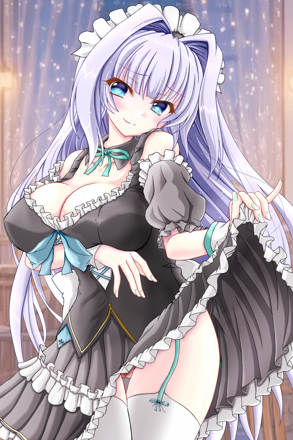 1girl 9-nine- alternate_costume aqua_nails aqua_ribbon arm_under_breasts bare_shoulders black_dress blue_bow blue_eyes blunt_bangs blush bow breasts cameltoe cleavage closed_mouth clothes_lift commentary_request cowboy_shot curtains detached_collar dress dress_bow dress_lift enmaided eyes_visible_through_hair frilled_dress frills garter_straps hair_intakes highres indoors kousaka_haruka large_breasts lifting_own_clothes long_hair looking_at_viewer maid maid_headdress nail_polish neck_ribbon nineball0211 panties pink_panties pleated_dress purple_hair ribbon seductive_smile sleeveless sleeveless_dress smile solo split_mouth thigh_gap thighs underwear very_long_hair white_ribbon