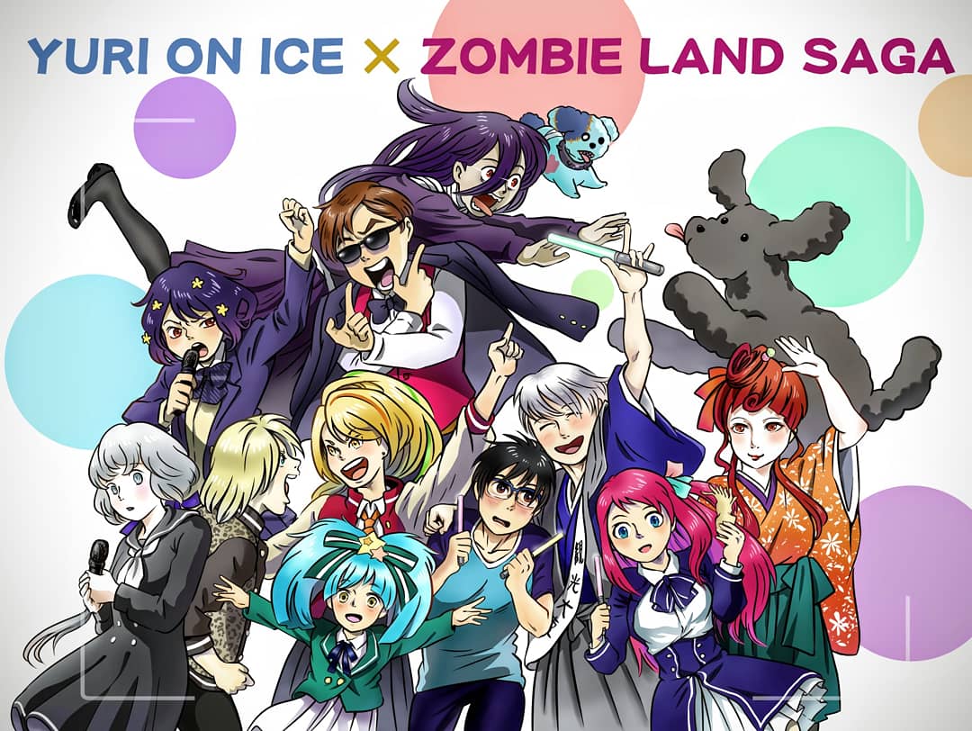 4boys 6+girls ^_^ animal_print arm_up black_hair blazer blonde_hair blue-framed_eyewear blue_eyes blue_hair brown_eyes brown_hair closed_eyes company_connection copyright_name crossover dog dress closed_eyes glasses glowstick hair_ribbon hakama hakama_skirt hoshikawa_lily it&#039;s_j.j._style! jacket jacket_on_shoulders japanese_clothes katsuki_yuuri konno_junko leopard_print makkachin minamoto_sakura miyano_mamoru mizuno_ai multiple_boys multiple_girls nikaidou_saki open_mouth pink_hair pleated_skirt red_eyes ribbon romero_(zombie_land_saga) sailor_dress school_uniform silver_hair skirt smile studio_mappa sunglasses tatsumi_koutarou tongue tongue_out trait_connection twintails viktor_nikiforov voice_actor_connection yamada_tae yellow_eyes yuri!!!_on_ice yuri_plisetsky yuugiri_(zombie_land_saga) yy_zenmai zombie_land_saga