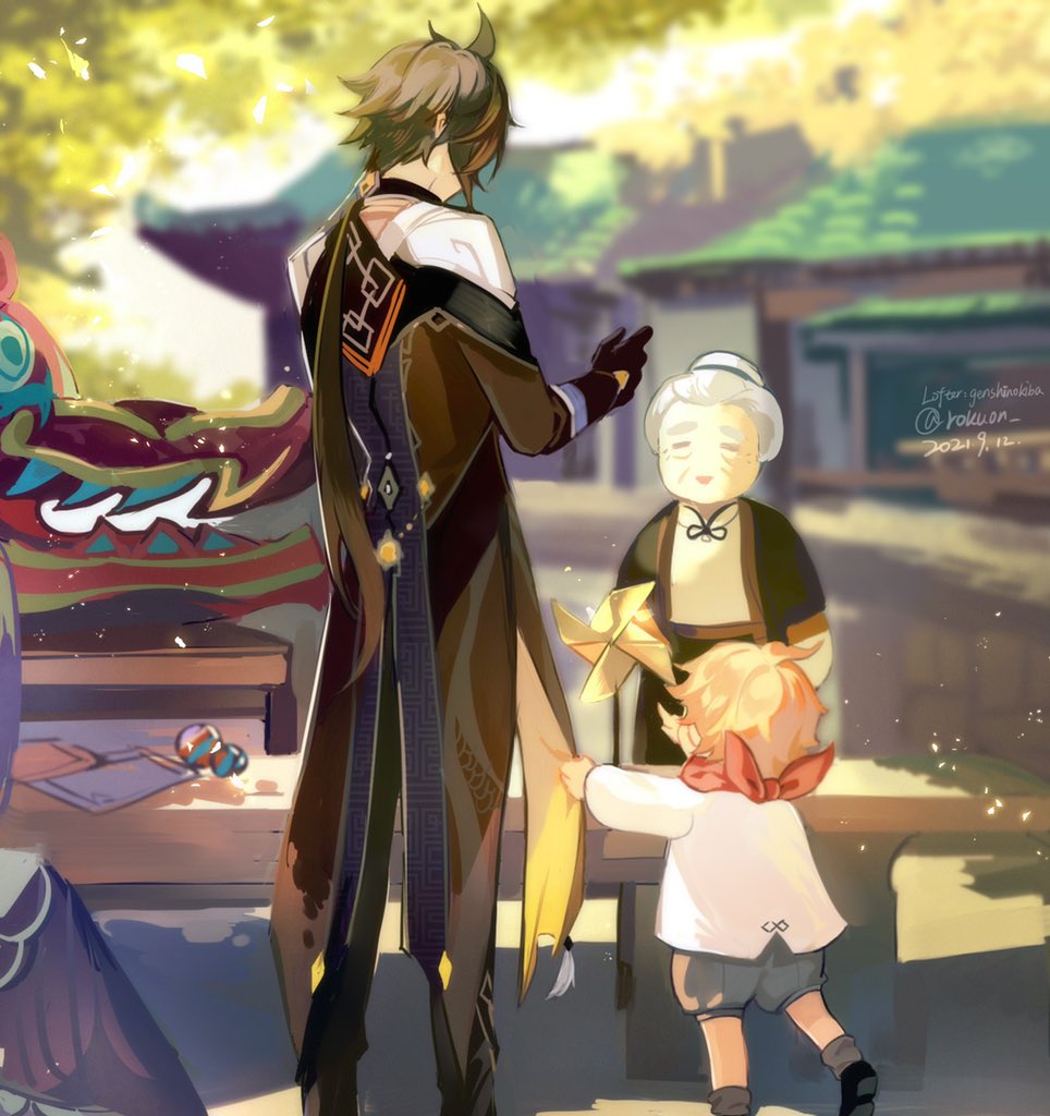 1girl 2boys aged_down ahoge architecture black_gloves blurry blurry_background brown_hair child clothes_grab coat commentary_request day earrings east_asian_architecture from_behind full_body gem genshin_impact gloves grey_hair hair_bun hair_tie jewelry long_sleeves low_ponytail multiple_boys old old_woman orange_hair pointing ponytail red_scarf rokuon scarf shirt short_hair_with_long_locks single_earring standing table tartaglia_(genshin_impact) tassel tassel_earrings vision_(genshin_impact) white_shirt zhongli_(genshin_impact)