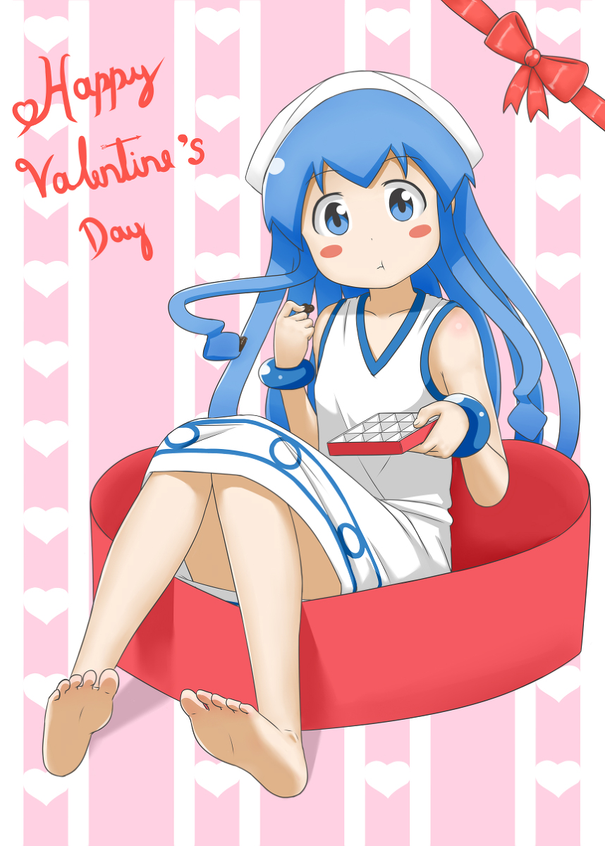 1girl bare_arms bare_shoulders barefoot blue_eyes blue_hair blush blush_stickers bow candy chocolate chocolate_heart closed_mouth collarbone convenient_censoring dot_nose dress eating english_text feet female_focus food full_body greedhollow hat heart heart_(symbol) highres holding holding_candy holding_food ikamusume long_hair looking_at_viewer matching_hair/eyes no_shoes no_socks shinryaku!_ikamusume soles solo squid_girl squid_hat valentine
