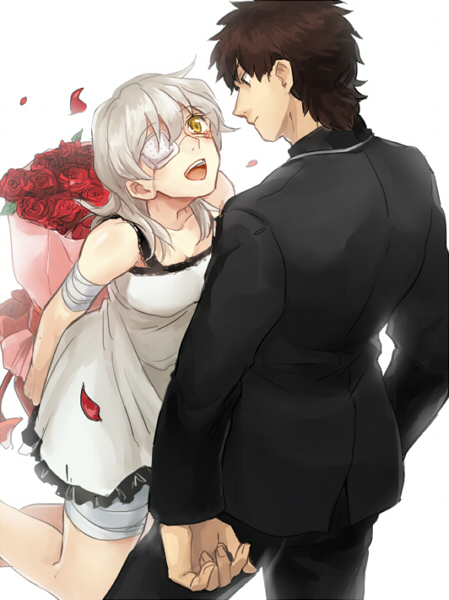 1boy 1girl bad_id bad_pixiv_id black_eyes bouquet brown_hair claudia_hortensia couple eyepatch fate/stay_night fate/zero fate_(series) flower hetero husband_and_wife kotomine_kirei kotomine_kirei_(fate/zero) ruchi short_hair white_hair yellow_eyes
