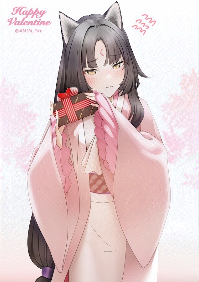 1girl animal_ears apron arknights black_hair blush dog_ears facial_mark flying_sweatdrops forehead_mark gift happy_valentine holding holding_gift japanese_clothes kimono long_hair looking_at_viewer saga_(arknights) solo valentine variant_set very_long_hair yellow_eyes yokaze_(yokajie)