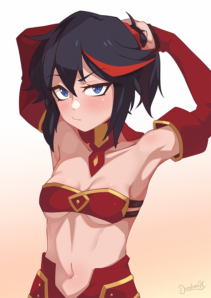 1girl black_hair blue_eyes breasts cosplay darahan detached_sleeves eyebrows fate/apocrypha fate_(series) gradient_background kill_la_kill matoi_ryuuko mordred_(fate) mordred_(fate)_(cosplay) mordred_(fate/apocrypha) navel neckwear_request ponytail pout red_hair red_neckwear short_hair short_ponytail sidelocks small_breasts solo white_background