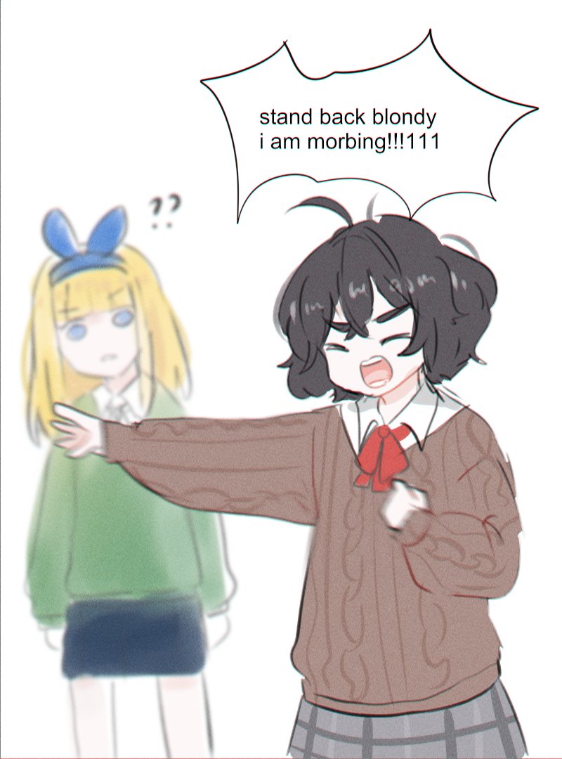2girls ? ?? blonde_hair blurry blurry_background borrowed_character brown_sweater chromatic_aberration closed_eyes cowboy_shot english_text erika_(popopoka) grey_skirt it&#039;s_morbin&#039;_time_(meme) lower_teeth_only marvel meme morbius_(movie) multiple_girls neqo_(neneneqo) open_mouth original plaid_clothes plaid_skirt print_clothes print_skirt short_hair shouting simple_background skirt sony&#039;s_spider-man_universe sophie_(popopoka) speech_bubble spider-man_(series) sweater teeth upper_teeth_only white_background