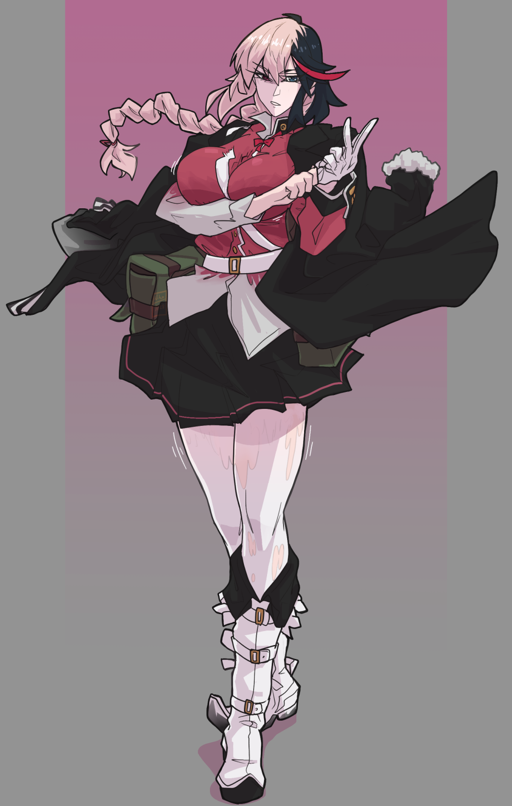 1girl belt black_hair black_jacket black_skirt boots braid breasts fate/grand_order fate_(series) florence_nightingale_(fate) fur-trimmed_sleeves fur_trim glove_pull green_eyes heterochromia highres jacket jacket_on_shoulders kamuify kill_la_kill large_breasts long_hair looking_at_viewer matoi_ryuuko multicolored_hair pantyhose parted_lips pink_hair red_eyes red_hair red_shirt shirt skirt solo split-color_hair streaked_hair transformation very_long_hair white_belt white_boots white_pantyhose