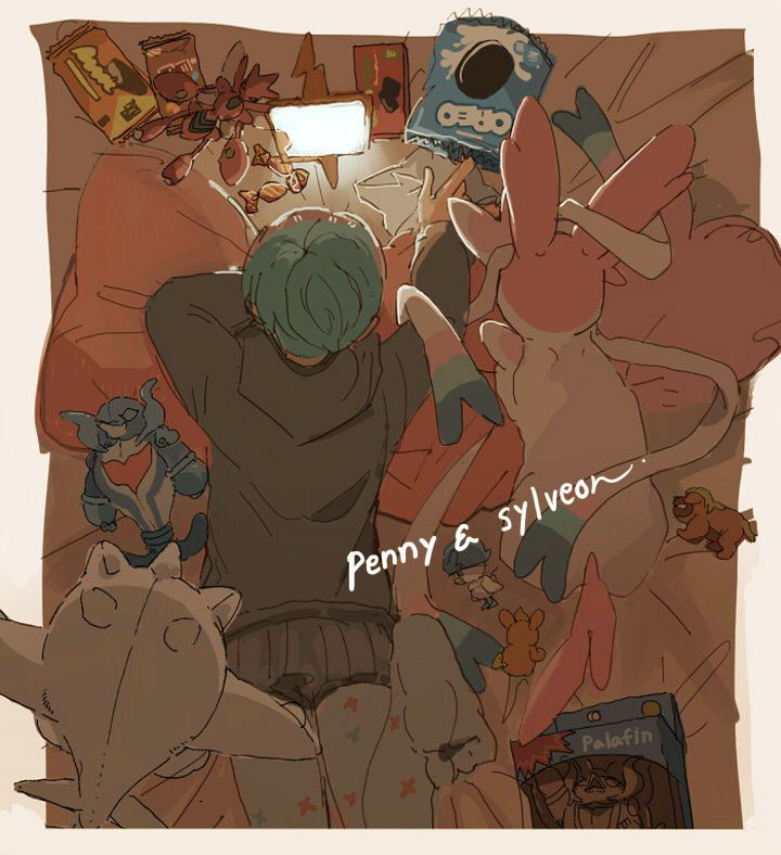 1girl black_hoodie blue_hair candy cc8nw42u15apug0 cetoddle character_doll character_name food gen_2_pokemon gen_4_pokemon gen_6_pokemon hood hoodie leg_up long_sleeves maschiff multicolored_hair nintendo oreo palafin palafin_(hero) pantyhose pawmi penny_(pokemon) pink_fur pokemon pokemon_(creature) pokemon_sv quaxly red_hair rotom rotom_phone scizor see-through_clothes short_hair skirt sylveon two-tone_fur white_fur