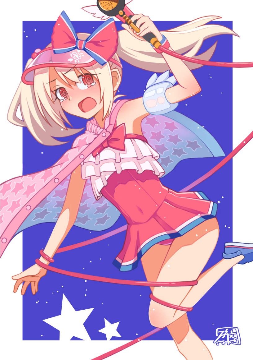 1girl @_@ blue_footwear blush border bow cape covered_navel dress eyelashes fate/grand_order fate_(series) hibun_tsukasa holding holding_wand illyasviel_von_einzbern illyasviel_von_einzbern_(swimsuit_archer) magical_ruby magical_ruby_(hose) open_mouth red_bow red_dress scared solo star_(symbol) star_print tears twintails visor_cap wand white_border white_hair
