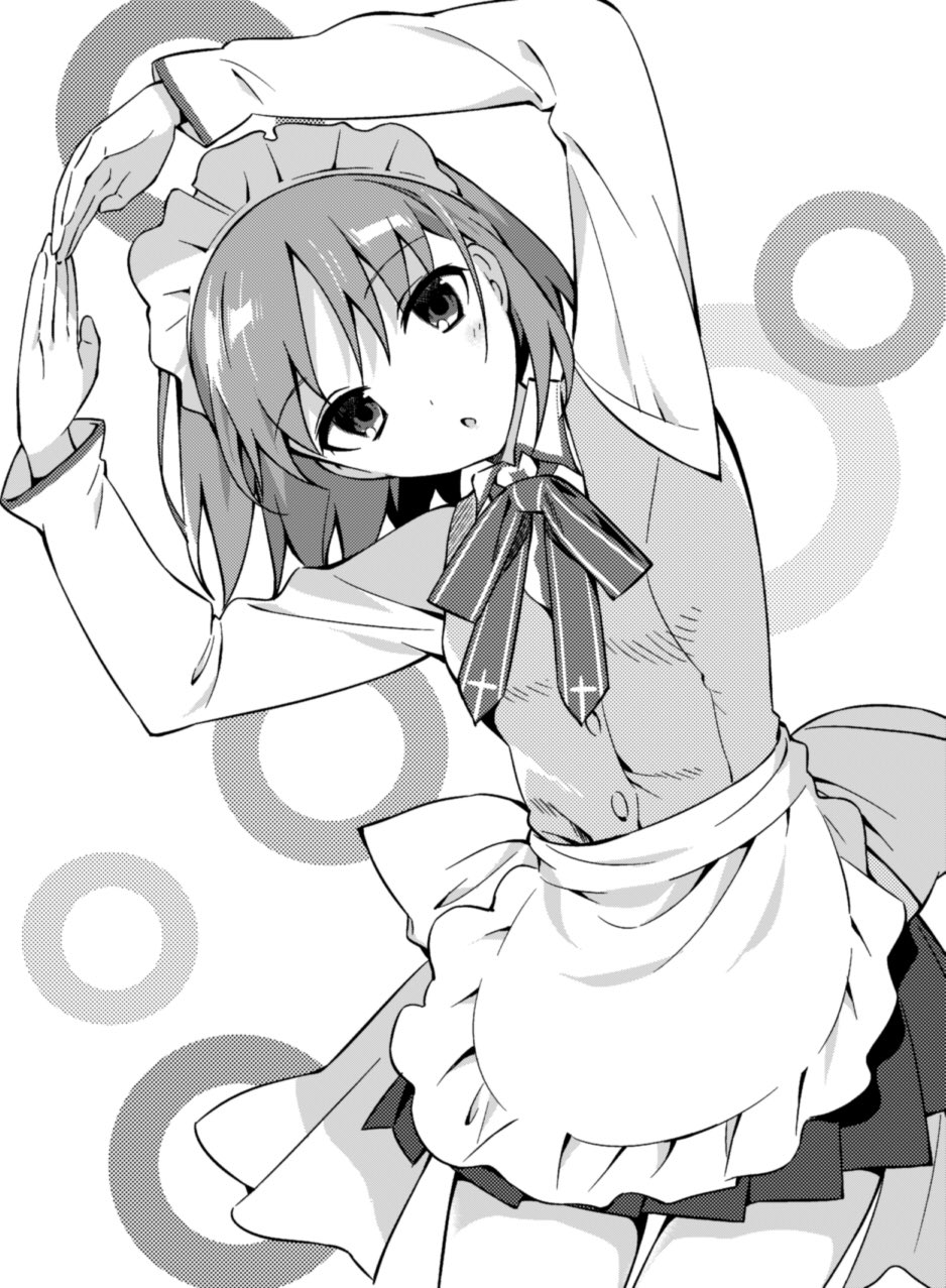 1girl apron arms_up bow bowtie circle cowboy_shot greyscale hanabana_tsubomi highres hisui_(tsukihime) homurabara_academy_school_uniform long_sleeves looking_at_viewer maid_headdress monochrome parted_lips pleated_skirt school_uniform short_hair simple_background skirt solo tsukihime vest