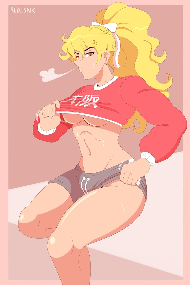 1girl blonde_hair breasts crop_top final_fight final_fight_2 genryuusai_maki highres long_hair long_sleeves medium_breasts ponytail red_snk shorts sitting solo street_fighter sweat underboob