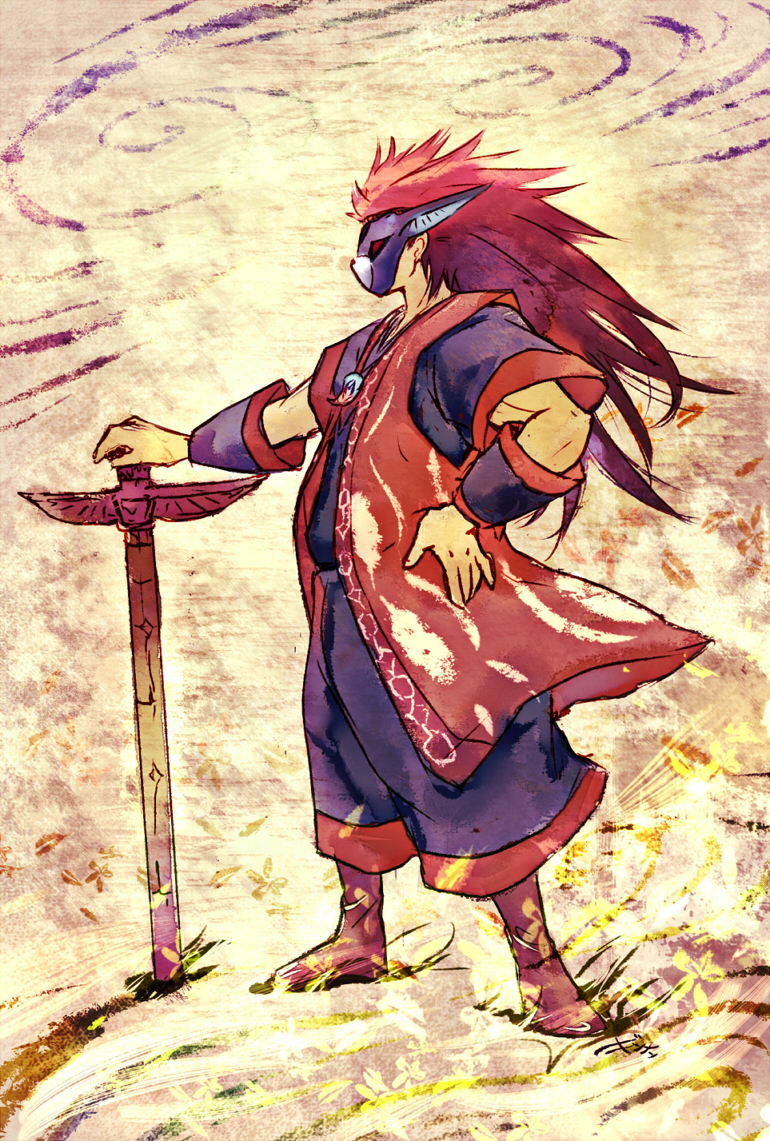 1boy bad_id bad_pixiv_id ginnan long_hair make male_focus mask oki okikurumi_(ookami) ookami_(game) red_hair solo sword weapon