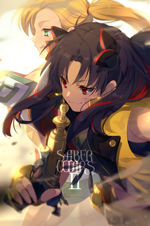 2girls bandeau bare_shoulders belt black_hair blonde_hair blue_bandeau breasts calamity_jane_(fate) calamity_jane_(first_ascension)_(fate) cropped_vest earrings echo_(circa) fate/grand_order fate_(series) fingerless_gloves gloves green_eyes gun hair_ribbon hoop_earrings ishtar_(fate) jewelry licking_lips long_hair looking_at_viewer medium_breasts multicolored_hair multiple_girls parted_bangs red_eyes red_hair ribbon side_ponytail smile space_ishtar_(fate) space_ishtar_(second_ascension)_(fate) tiara tongue tongue_out two-tone_hair two_side_up very_long_hair vest weapon yellow_gloves yellow_vest