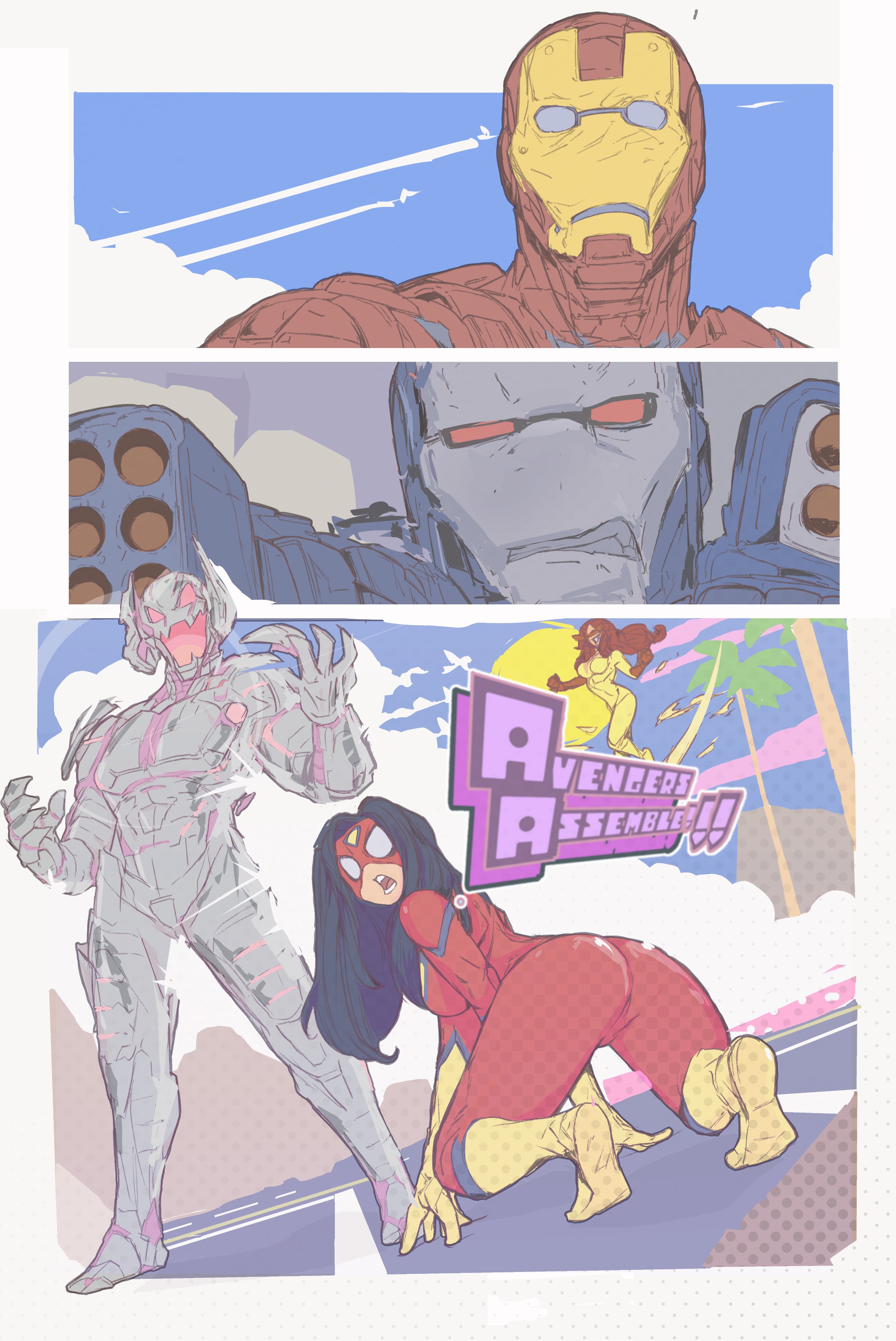 1girl 2girls absurdres animal_print armor ass avengers_(series) black_hair bodysuit breasts grey_armor highres iron_man iron_man_(series) jessica_drew long_hair looking_at_viewer marvel mask michel_teru multicolored_armor multiple_girls power_armor red_armor red_bodysuit spider-man_(series) spider-woman spider_print superhero_costume two-tone_bodysuit ultron war_machine