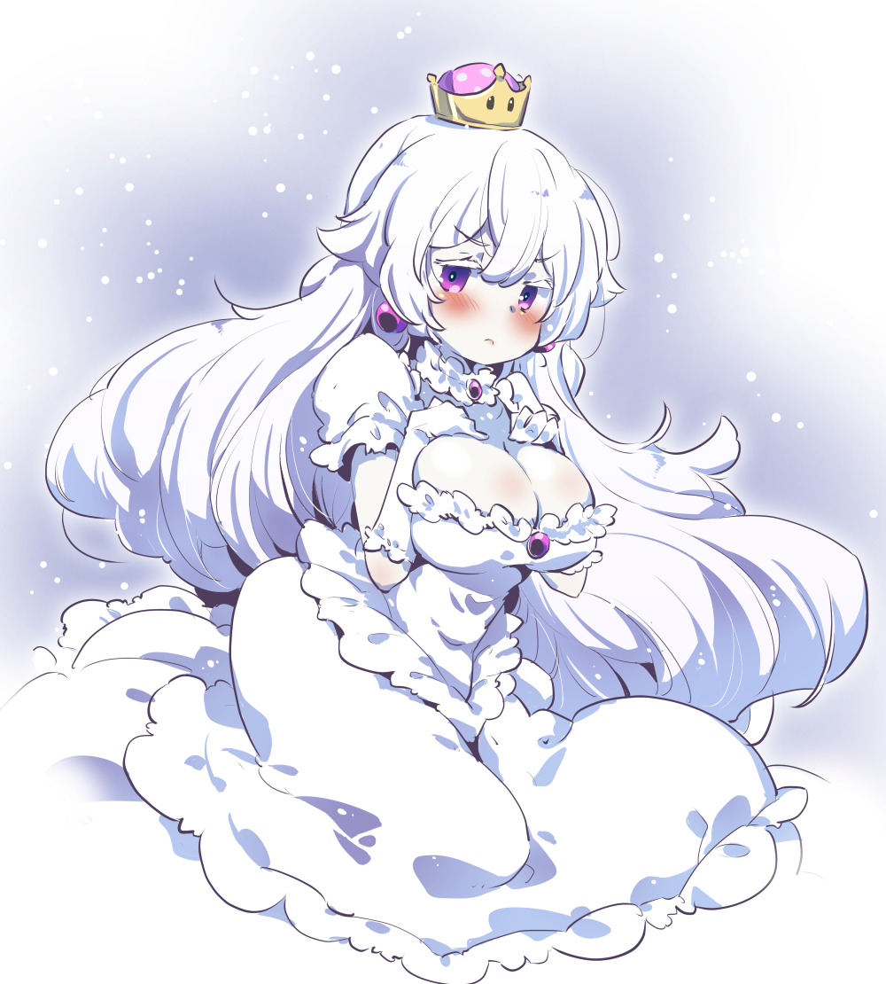 1girl blush breasts cleavage cleavage_cutout closed_mouth clothing_cutout commentary_request crown dress earrings frown gloves grey_hair hair_between_eyes jewelry large_breasts long_hair looking_at_viewer luigi&#039;s_mansion mario_(series) mini_crown new_super_mario_bros._u_deluxe nintendo princess_king_boo purple_eyes short_sleeves solo tanasuke very_long_hair white_dress white_gloves