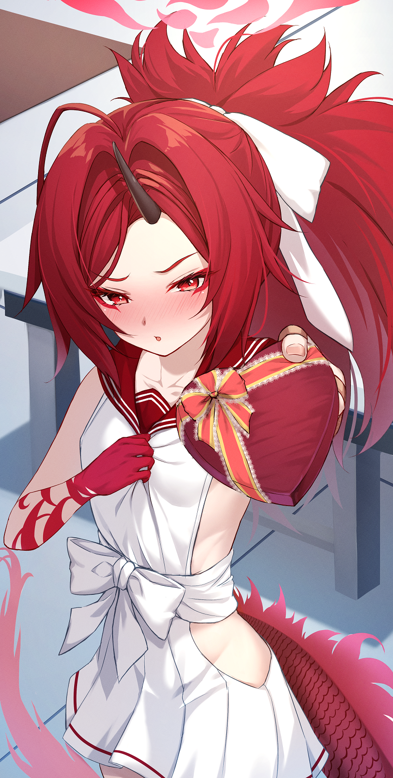 1girl black_horns blue_archive blush box cowboy_shot dragon_tail gift gift_box heart-shaped_box highres holding holding_gift horns long_hair looking_at_viewer merxkialis parted_lips pleated_skirt ponytail red_eyes red_hair red_sailor_collar red_tail renge_(blue_archive) sailor_collar school_uniform serafuku single_horn skirt sleeveless solo tail white_skirt