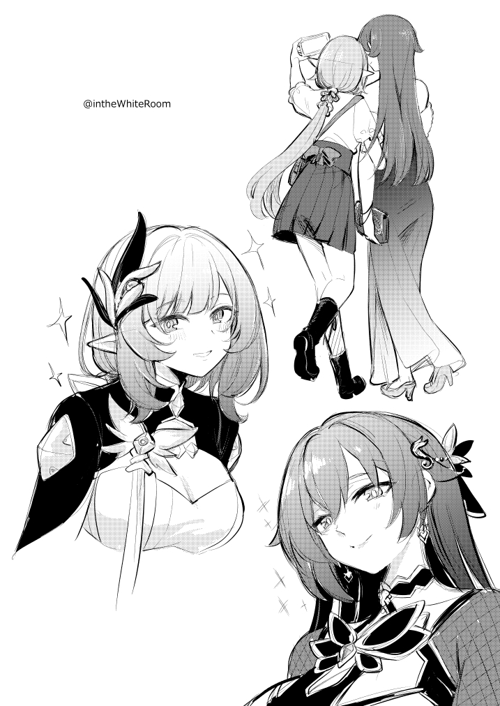 2girls boots breasts cleavage commentary_request cropped_torso dress earrings eden_(honkai_impact) elf elysia_(honkai_impact) elysia_(miss_pink_elf)_(honkai_impact) greyscale hair_ornament high_heels honkai_(series) honkai_impact_3rd jewelry large_breasts locked_arms long_dress long_hair monochrome multiple_girls multiple_views pointy_ears shirt skirt smile sparkle sparkling_aura takeshisu twitter_username