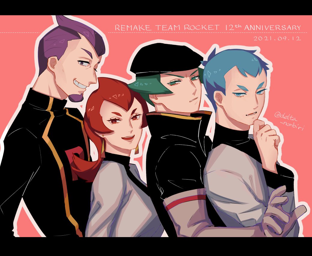 1girl 3boys :d archer_(pokemon) ariana_(pokemon) black_hat black_jacket black_shirt bright_pupils commentary_request dated delta_nonbiri earrings elbow_gloves eyelashes facial_hair gloves grin hand_up hat jacket jewelry logo long_hair multiple_boys nintendo open_mouth petrel_(pokemon) pink_background pokemon pokemon_hgss proton_(pokemon) purple_hair red_eyes red_hair shirt short_hair smile team_rocket teeth twitter_username upper_teeth_only