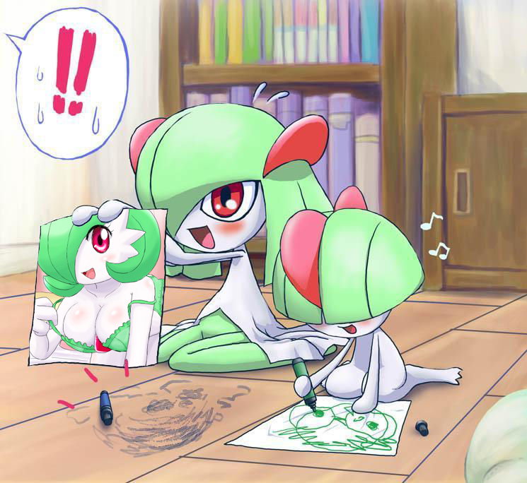 breasts drawing gardevoir gen_3_pokemon green_hair kirlia large_breasts nintendo pokemoa pokemon pokemon_(creature) ralts