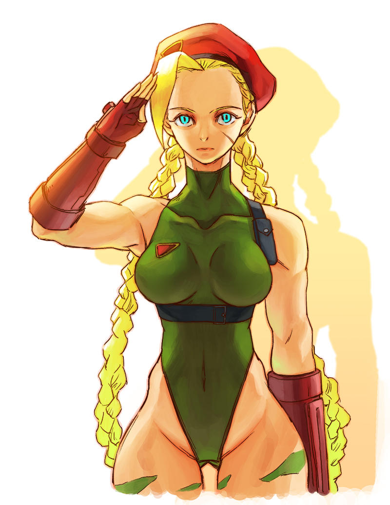 1girl ahoge beret blonde_hair blue_eyes bodypaint braid breasts cammy_white catlawthemu curvy facial_scar fingerless_gloves garrison_cap gauntlets gloves gluteal_fold green_leotard hat highleg highleg_leotard large_breasts leotard long_hair medium_breasts military_hat red_hat salute scar scar_on_cheek scar_on_face street_fighter street_fighter_v thighs thong_leotard twin_braids united_kingdom wide_hips