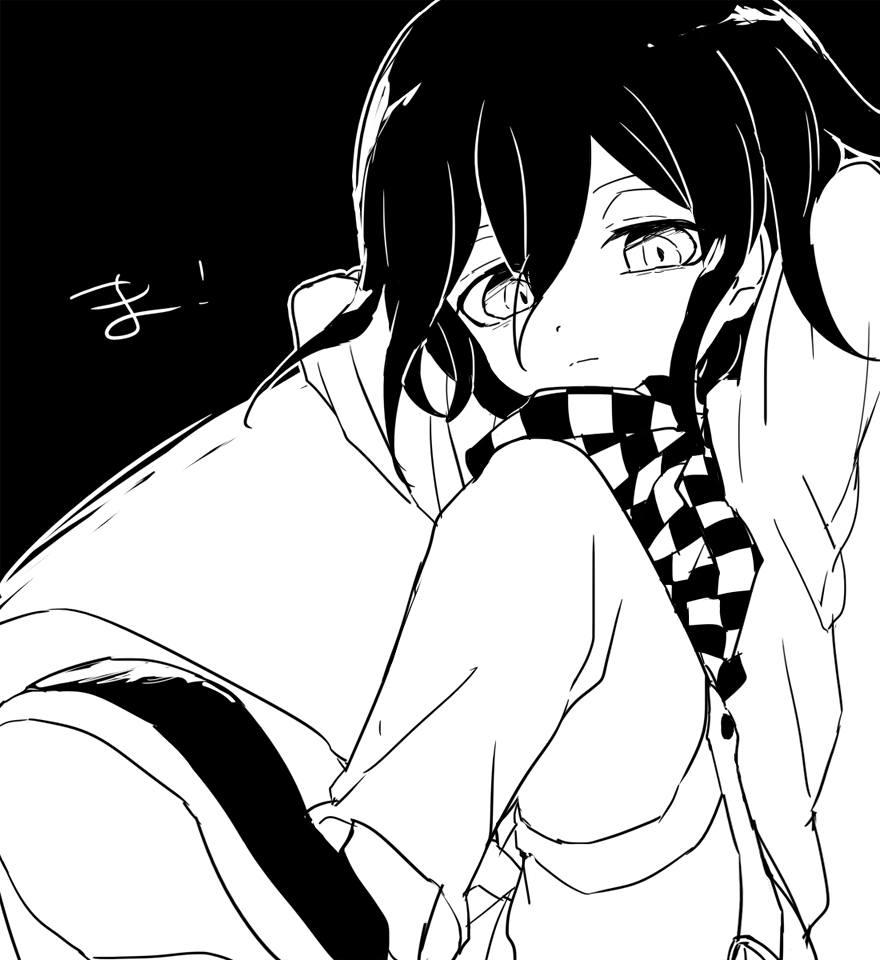 1boy arms_behind_head belt black_background checkered_clothes checkered_scarf closed_mouth commentary_request danganronpa_(series) danganronpa_v3:_killing_harmony eyelashes foot_out_of_frame hair_between_eyes jacket light_frown long_sleeves looking_at_viewer male-female_symbol monochrome oma_kokichi outline pants ruri_(2620981) scarf shoes short_hair solo thigh_belt thigh_strap two-tone_background white_background white_outline