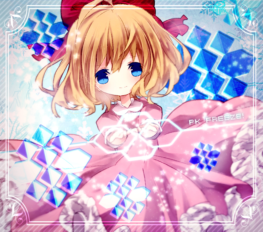 1girl animification blonde_hair blue_eyes bow child dress english_text hair_bow magic mother_(series) mother_2 nagomaru nintendo paula_(mother_2) pink_dress red_bow ribbon short_hair short_sleeves smile