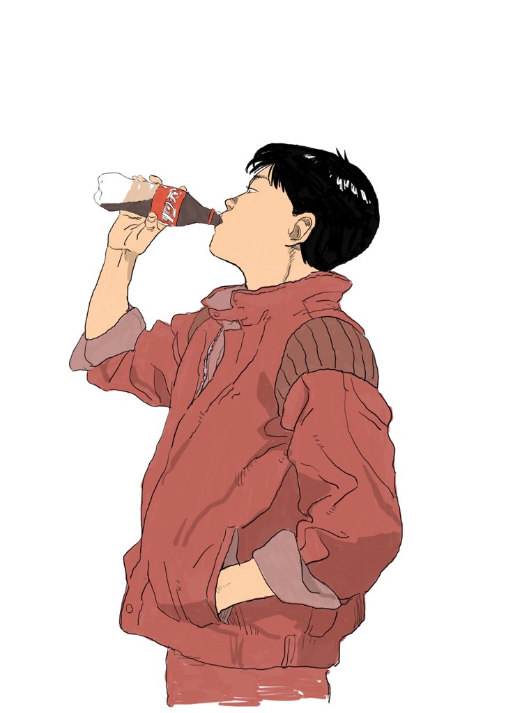 1boy akira_(manga) black_hair bottle coca-cola drinking hand_in_jacket holding holding_bottle jacket kaneda_shoutarou_(akira) male_focus pants red_jacket red_pants simple_background soda solo standing tora0820 white_background