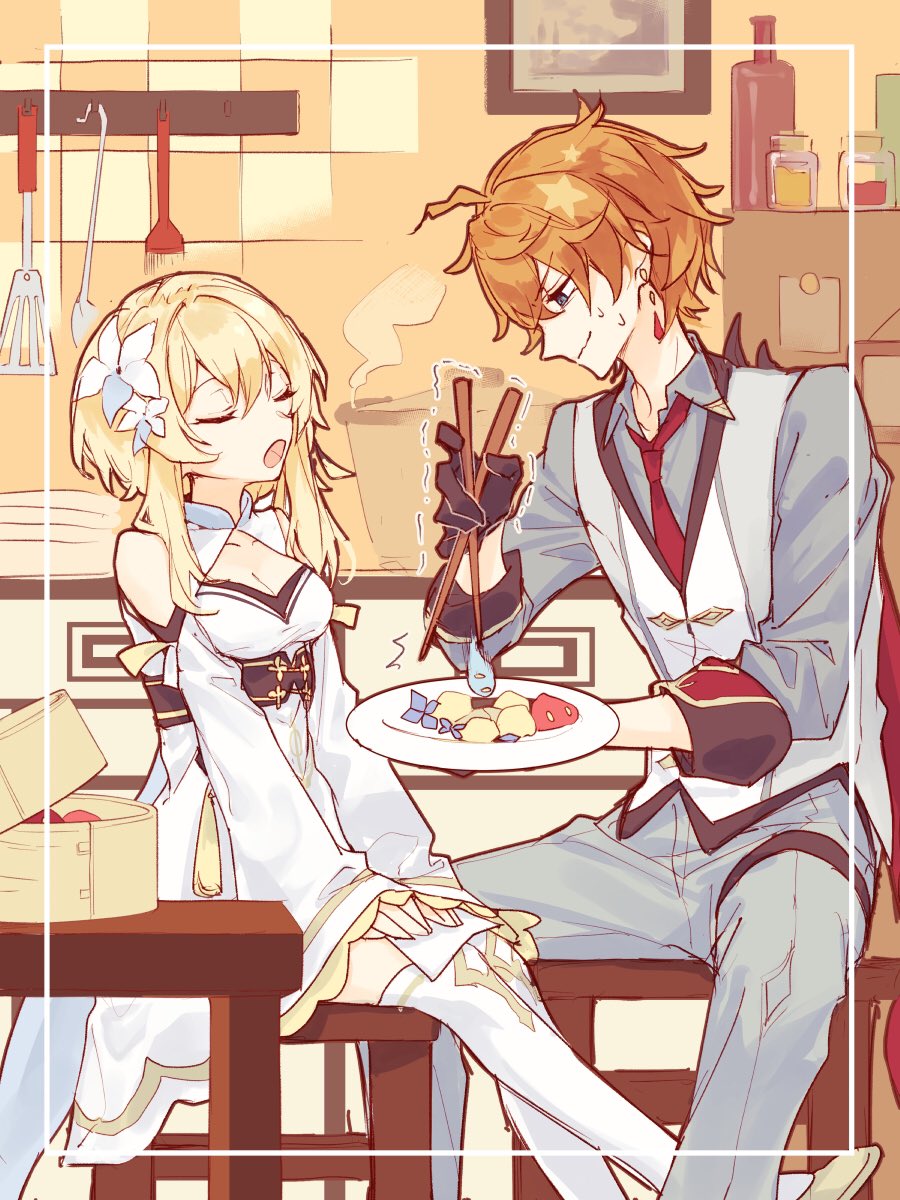 1boy 1girl alternate_costume bamboo_steamer black_gloves blonde_hair blue_eyes bottle breasts chopsticks cleavage closed_eyes closed_mouth detached_sleeves dress earrings feeding flower food gameyaruzaurus genshin_impact gloves grey_pants hair_between_eyes hair_flower hair_ornament highres holding holding_chopsticks holding_plate indoors jewelry kitchen lumine_(genshin_impact) medium_breasts open_mouth orange_hair pants plate pot red_neckwear refrigerator short_hair_with_long_locks single_earring sitting sweat tartaglia_(genshin_impact) thighhighs trembling vest white_dress white_flower white_thighhighs wide_sleeves