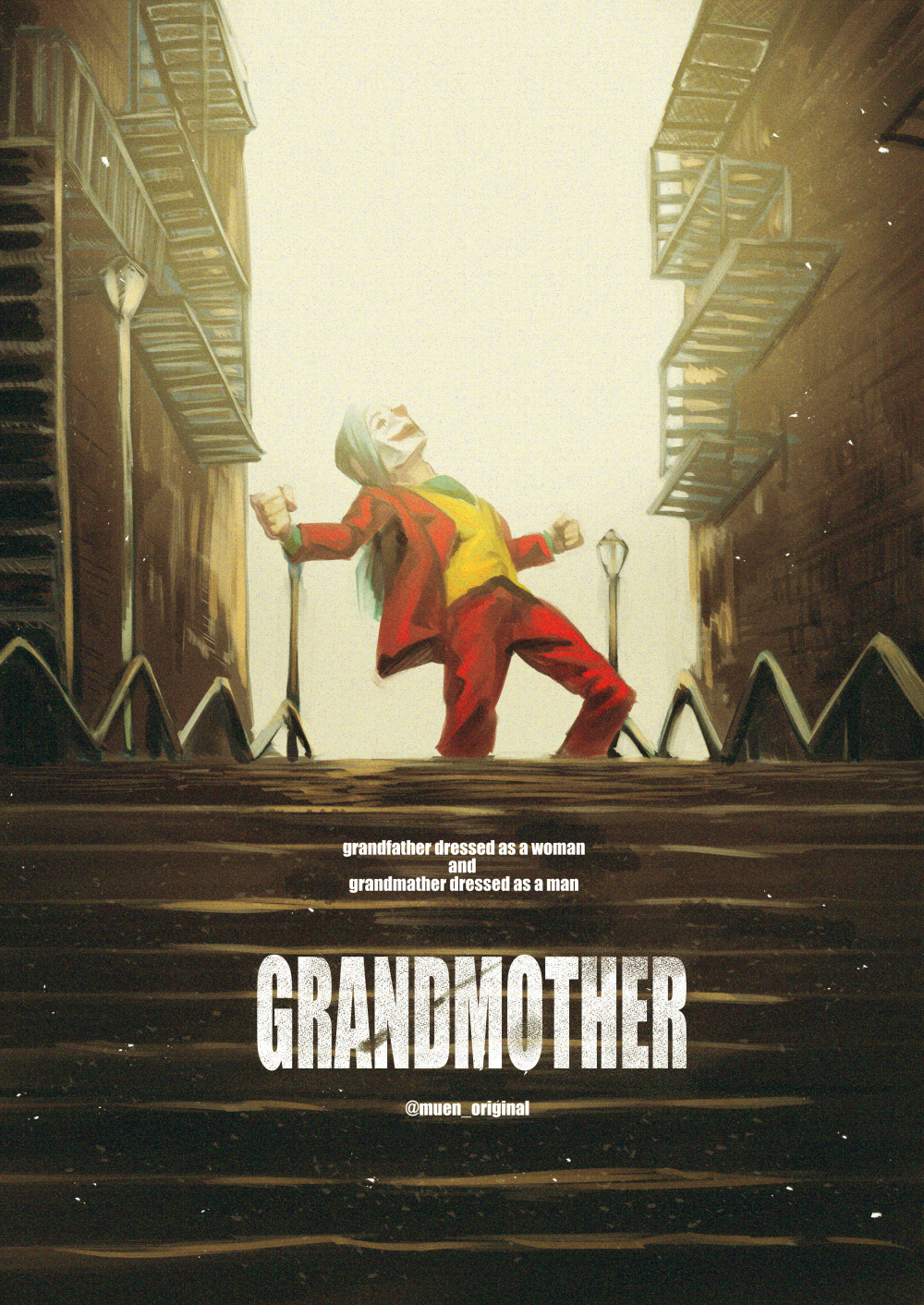 1girl batman_(series) clown cosplay crossdressing facepaint formal_clothes highres jacket joker_(2019) joker_(dc)_(cosplay) kawabata_batako lamppost long_hair old old_woman original parody red_jacket red_suit shirt smile stairs suit the_joker title_parody