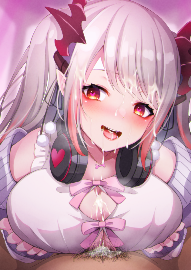 1boy 1girl bare_shoulders bow breasts breasts_squeezed_together cum cum_in_mouth cum_on_body cum_on_breasts cum_on_hair cum_on_tongue cum_on_upper_body cum_string cumdrip demon_girl dress ejaculation facial gradient_hair head_tilt headphones headphones_around_neck heart heart-shaped_pupils hetero honey_strap large_breasts long_hair long_sleeves looking_at_viewer male_pubic_hair multicolored_hair nanashi_inc. off-shoulder_sweater off_shoulder open_mouth paizuri paizuri_under_clothes pink_bow pink_hair pointy_ears pubic_hair red_eyes silver_hair sleeveless sleeveless_dress smile solo_focus suou_patra suou_patra_(7th_costume) sweater swept_bangs symbol-shaped_pupils tongue two_side_up virtual_youtuber white_dress xwu