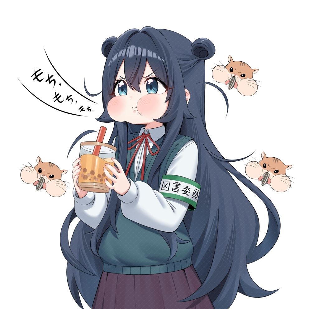 1girl armband black_hair blue_eyes blush brown_skirt bubble_tea bygin collared_shirt cup disposable_cup double_bun drink drinking drinking_straw eating green_armband green_sweater_vest hair_bun hamster holding holding_cup holding_drink kimi_no_koto_ga_dai_dai_dai_dai_daisuki_na_100-nin_no_kanojo long_hair neck_ribbon red_ribbon ribbon school_uniform shirt simple_background skirt solo standing sweater_vest translation_request two_side_up very_long_hair white_background white_shirt yoshimoto_shizuka