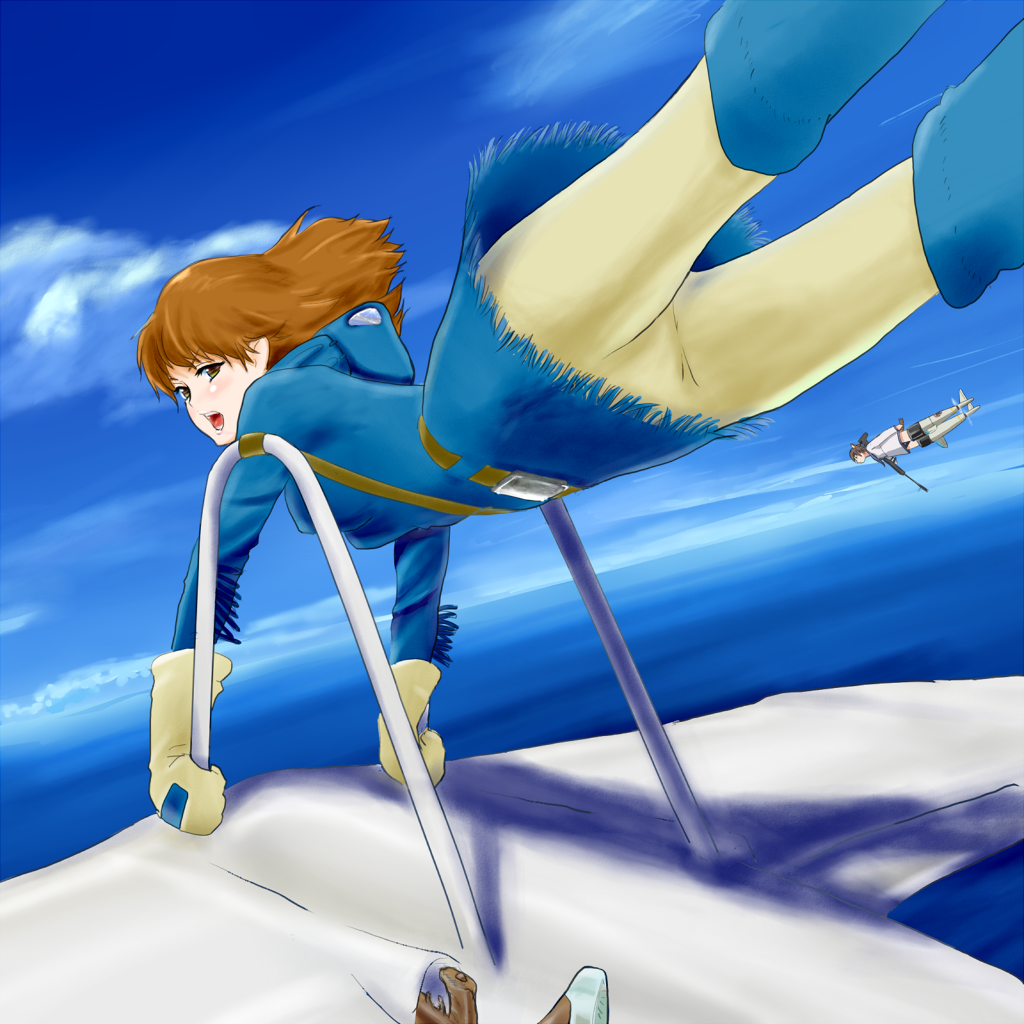00s 1980s_(style) 2girls blush brown_hair cloud crossover day flying kaze_no_tani_no_nausicaa koomo_(pixiv148008) koumo mehve miyafuji_yoshika multiple_girls nausicaa retro_artstyle pantyhose retro_artstyle sky strike_witches studio_ghibli world_witches_series