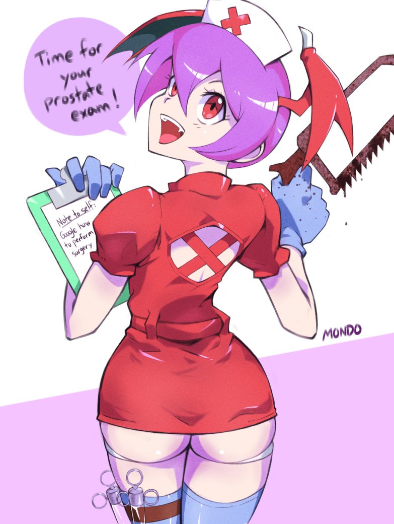 1girl ass capcom clipboard darkstalkers english_text fangs gloves leg_strap lilith_(darkstalkers) looking_back nurse pear-shaped_figure purple_hair red_eyes saw short_hair speech_bubble supermondobeat thighhighs wings