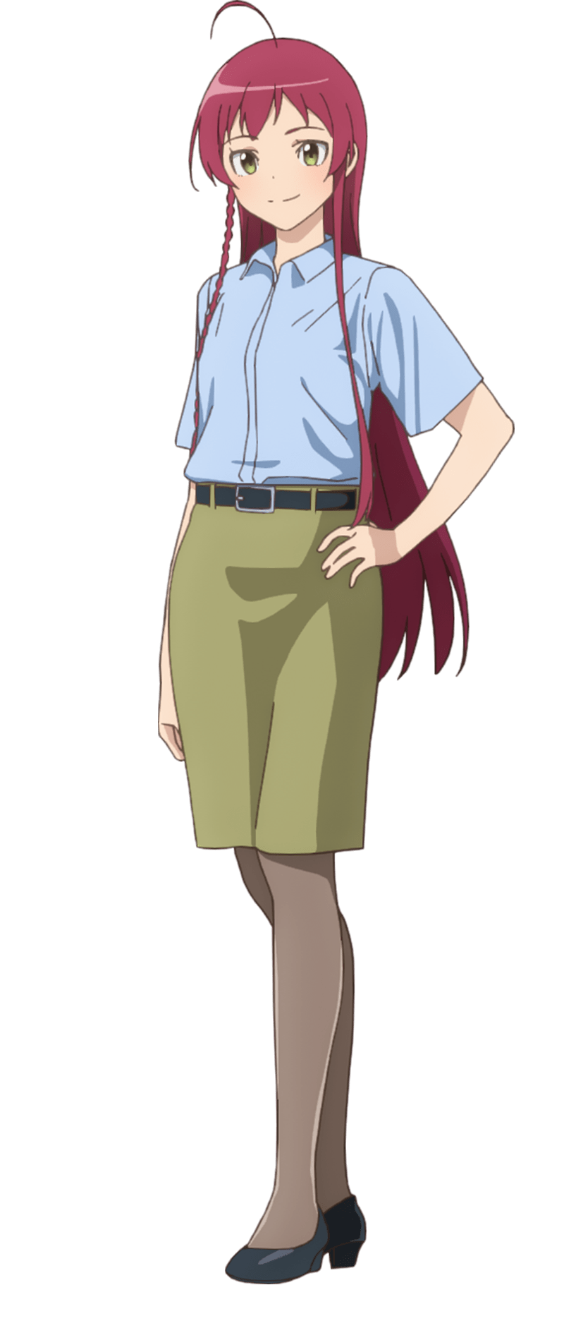 1girl ahoge artist_request belt black_belt braid closed_mouth full_body green_eyes hand_on_own_hip hataraku_maou-sama! highres long_hair official_art pantyhose pencil_skirt red_hair side_braid skirt smile solo standing transparent_background yusa_emi