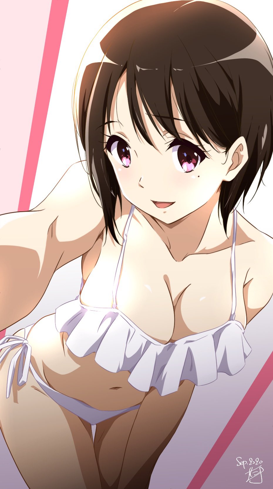 1girl :d bare_shoulders bikini blush breasts brown_hair cleavage collarbone cowboy_shot dated hibike!_euphonium highres leaning_forward looking_at_viewer medium_breasts mole mole_under_eye nakaseko_kaori navel nii_manabu non-web_source open_mouth outstretched_arm purple_eyes revision ribbon selfie short_hair side-tie_bikini_bottom signature smile solo swimsuit tareme thigh_gap white_bikini white_ribbon