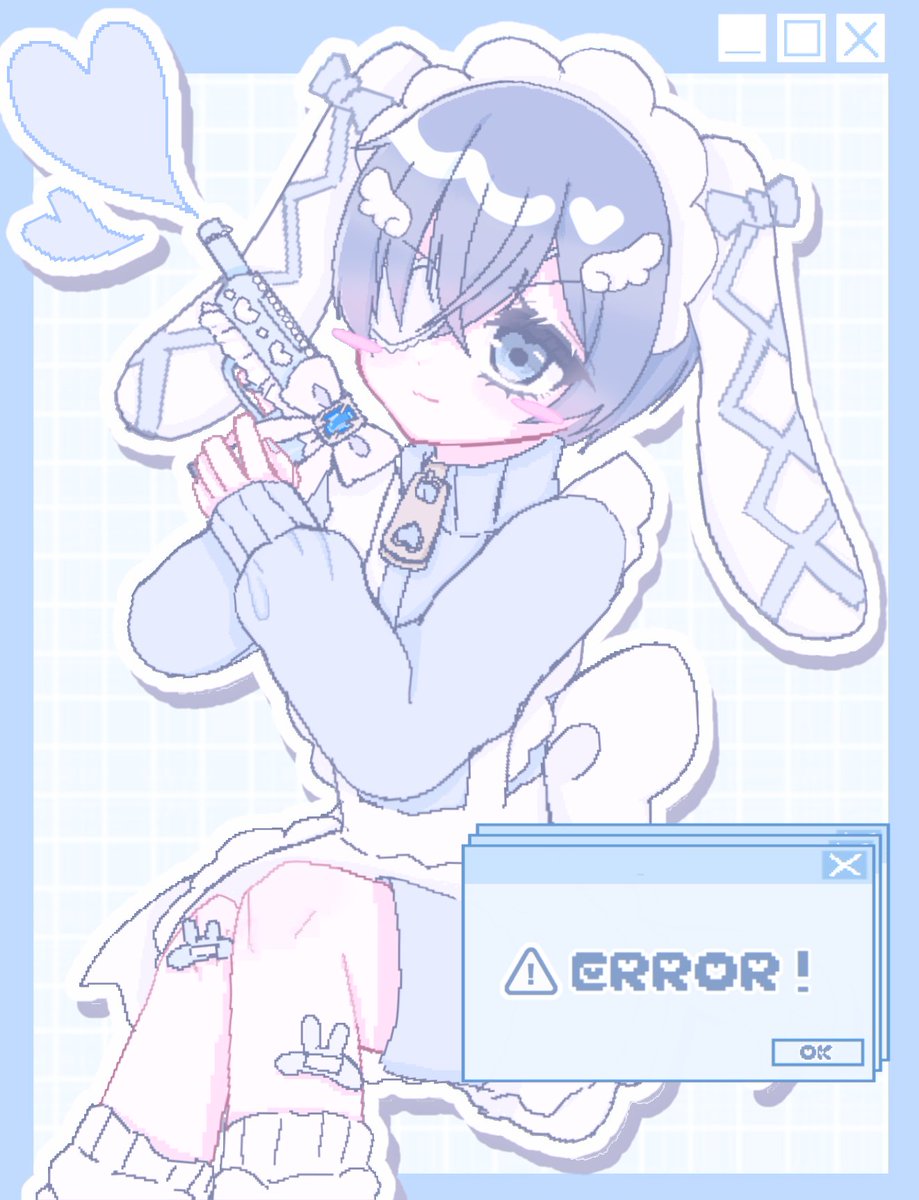 1boy alternate_costume animal_ears apron back_bow bandaid bandaid_on_knee bandaid_on_leg bishounen blue_background blue_border blue_bow blue_eyes blue_hair blue_theme blue_track_suit blush_stickers border bow ciel_phantomhive closed_mouth error_message eyepatch fake_animal_ears grid_background gun hair_ornament handgun heart heart_eyepatch highres holding holding_weapon icon_(computing) jacket kuroshitsuji lolita_fashion looking_at_viewer mahouxoxu maid_apron maid_headdress ouji_fashion outline pastel_colors rabbit_ears revolver short_hair sidelocks smile socks solo tenshi_kaiwai track_jacket track_suit weapon white_apron white_bow white_outline white_socks window_(computing) wing_hair_ornament zipper