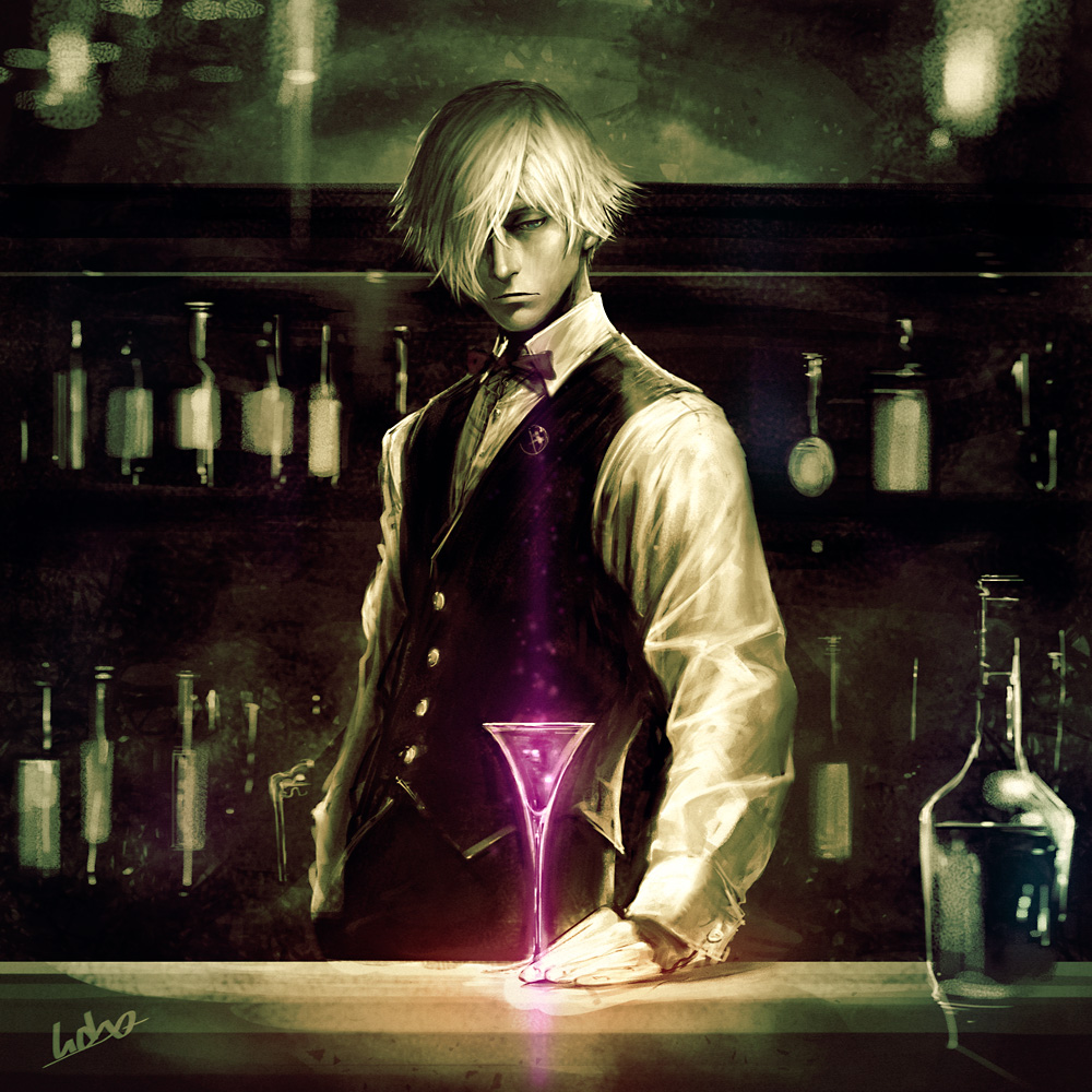 1boy black_vest bottle collared_shirt death_parade decim_(death_parade) drink hair_over_one_eye limited_palette long_sleeves male_focus senda_satoru shirt short_hair signature solo upper_body vest white_hair white_shirt