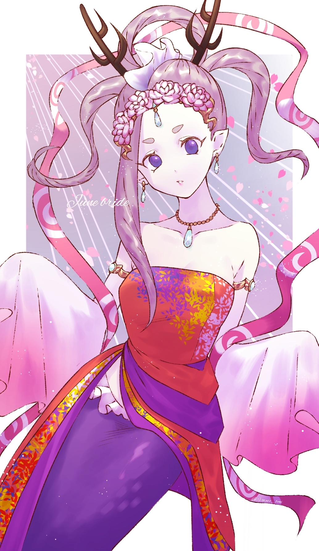 1girl alternate_costume armlet blue_eyes breasts cherry_blossoms earrings falling_petals flower_wreath gem grey_hair hagoromo hair_rings highres horns izanami_(youkai_watch) jagaimobeniko jewelry long_sleeves mermaid monster_girl necklace obi pale_skin parted_lips petals pink_petals pointy_ears purple_sash sash shawl short_eyebrows sleeves_past_fingers sleeves_past_wrists solo strapless youkai_(youkai_watch) youkai_watch youkai_watch_2