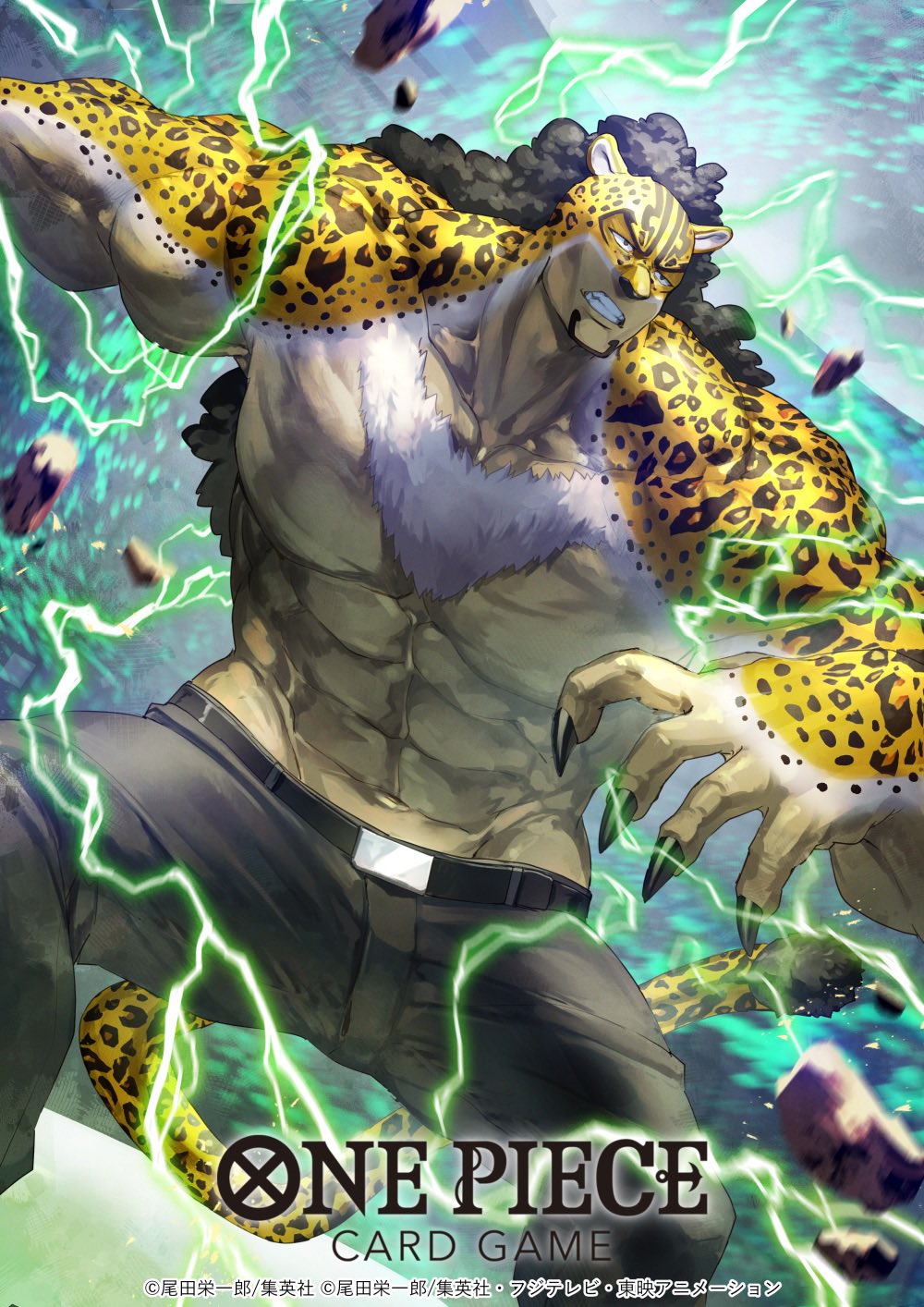 1boy abs alternate_form belt black_hair black_pants claws clenched_hand commentary_request copyright_name cowboy_shot curly_hair dai-xt dutch_angle electricity facial_hair goatee highres looking_ahead male_focus official_art one_piece one_piece_card_game pants pebble rob_lucci solo