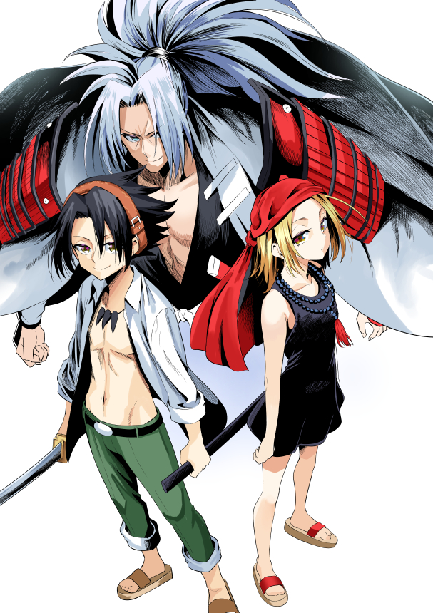 1girl 2boys amidamaru armor asakura_yoh attsun_(atsushi_jb) bandana black_dress black_hair blonde_hair blue_eyes brown_eyes dress full_body green_pants headphones japanese_clothes jewelry katana kyouyama_anna looking_at_viewer multiple_boys necklace open_clothes origami pants pearl_necklace red_bandana sandals shaman_king shoulder_armor simple_background smile spirit sword weapon white_background white_hair