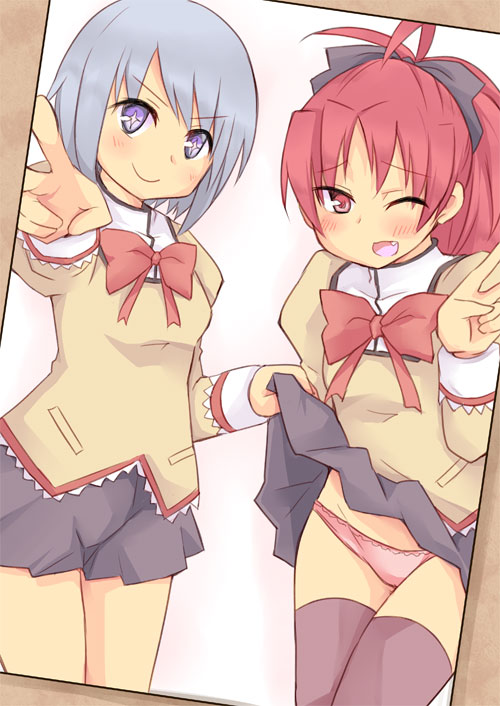 +_+ 10s 2girls altorealize blue_hair bow clothes_lift hair_bow mahou_shoujo_madoka_magica mahou_shoujo_madoka_magica_(anime) miki_sayaka multiple_girls one_eye_closed panties photo_(object) red_hair sakura_kyoko school_uniform short_hair skirt skirt_lift sparkling_eyes thighhighs underwear v wink