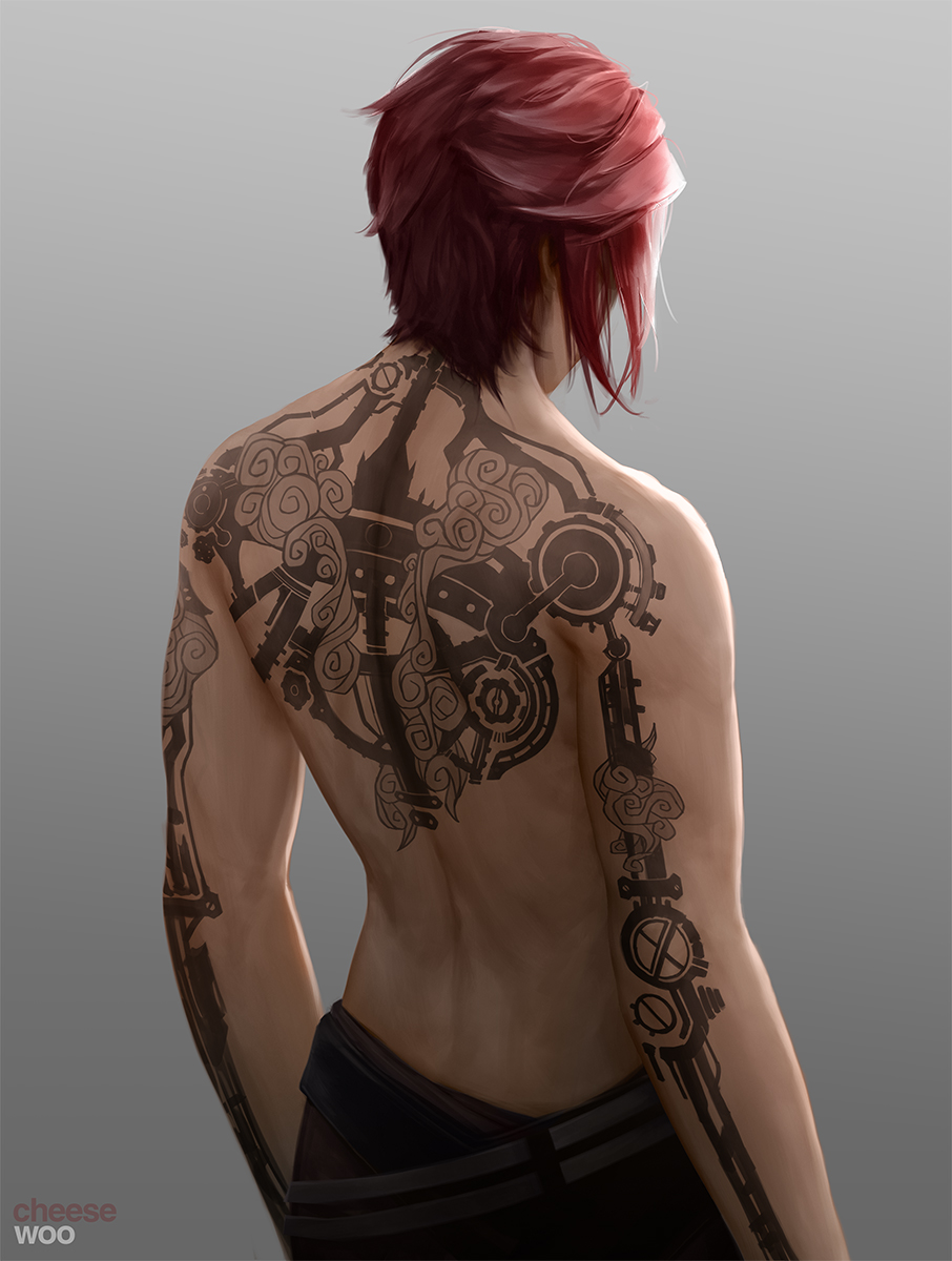 1girl arcane:_league_of_legends arm_tattoo artist_name back back_focus back_tattoo belt black_belt brown_pants cheesewoo from_behind gradient_background grey_background highres league_of_legends pants red_hair short_hair solo tattoo topless_female vi_(league_of_legends)