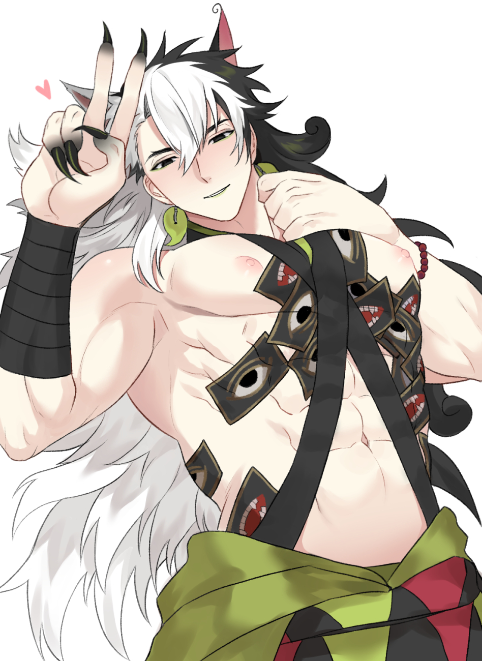 1boy abs animal_ears ashiya_douman_(fate) ashiya_douman_(second_ascension)_(fate) bandaged_wrist bandaged_wrists bandages bead_bracelet beads black_bandaid black_eyes black_hair black_hands black_nails blush bracelet cat_boy cat_ears collarbone colored_extremities curly_hair earrings eye_print fate/grand_order fate_(series) fingernails green_kimono hair_between_eyes hand_up heart highres japanese_clothes jewelry kimono kimono_around_waist large_pectorals long_hair magatama magatama_earrings male_focus mouth_print multicolored_hair multiple_boys muscular muscular_male navel nipples parted_lips pectorals seum_(kao_husband) sharp_fingernails short_hair simple_background smile solo split-color_hair stomach teeth toned toned_male topless_male upper_body v very_long_hair white_background white_hair yaoi
