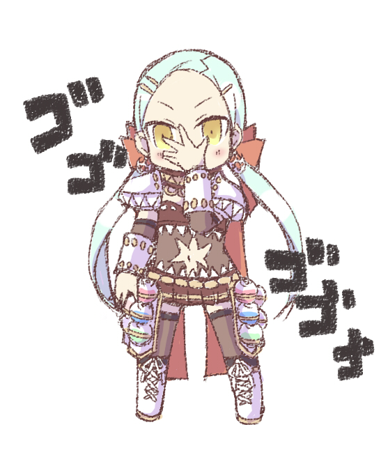 1girl armor blue_hair blush boots brown_skirt commentary_request flask forehead full_body genetic_(ragnarok_online) grey_thighhighs hand_over_face long_hair looking_at_viewer low_twintails menacing_(jojo) miniskirt navel pauldrons porinu potion ragnarok_online round-bottom_flask shoulder_armor simple_background skirt solo teeth thighhighs twintails v-shaped_eyebrows white_background white_boots yellow_eyes