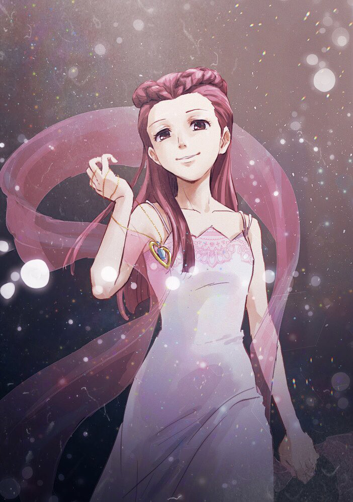 1girl ace_attorney bare_shoulders braid closed_mouth commentary_request dahlia_hawthorne dress hagoromo holding holding_jewelry holding_necklace holding_shawl jewelry long_hair looking_at_viewer necklace pink_sash pink_shawl red_eyes red_hair sash see-through_clothes see-through_shawl shawl sleeveless sleeveless_dress smile solo taba_(tb_gya) white_dress