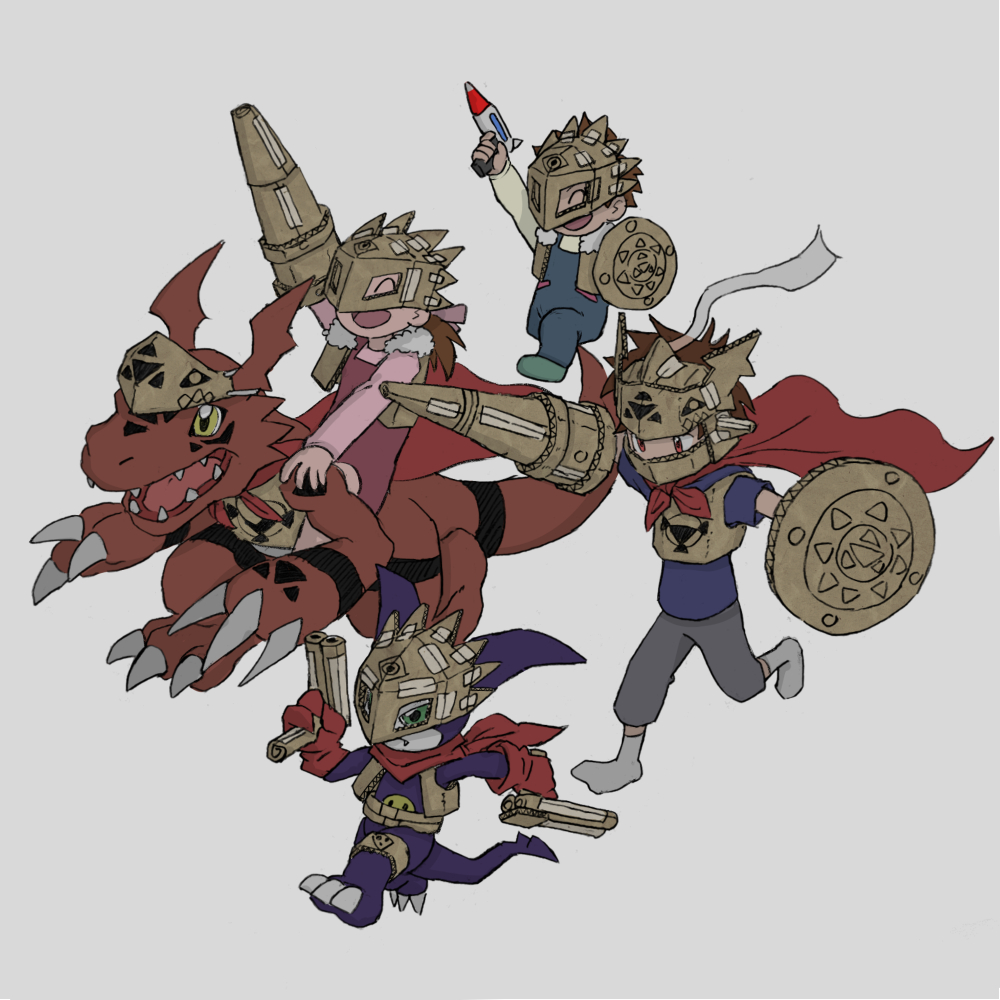 1girl 3boys ai_(digimon_tamers) beelzebumon beelzebumon_(cosplay) brown_hair cape cardboard_costume closed_eyes cosplay digimon digimon_(creature) digimon_tamers dinosaur dukemon dukemon_(cosplay) gloves grey_background group_picture guilmon helmet holding holding_polearm holding_shield holding_toy_gun holding_weapon impmon lance makoto_(digimon_tamers) matsuda_takato multiple_boys polearm red_cape red_gloves red_scales riding shield simple_background takeuchi_(rtakeuchi1535) weapon yellow_eyes